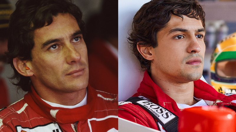 Ayrton Senna e seu intérprete lado a lado, expressando concentração e foco, simbolizando a busca constante pela alta performance no esporte.