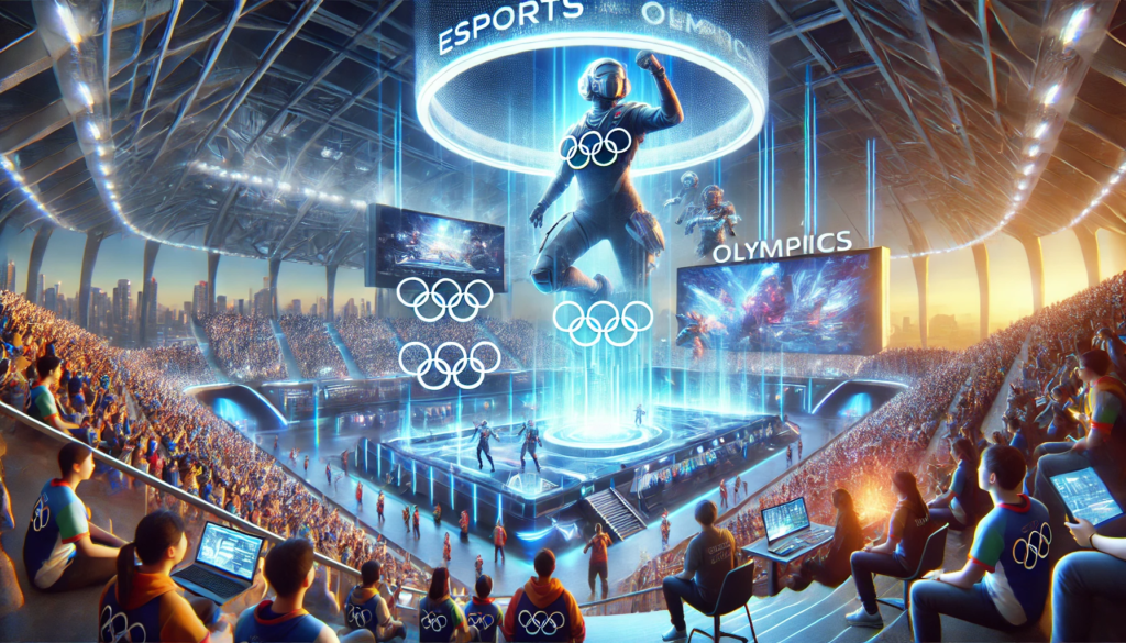 Imagem criada por IA que visualiza o eSports integrados às Olimpíadas, com um ginásio repleto de plateia e outros atletas assistindo a competição.