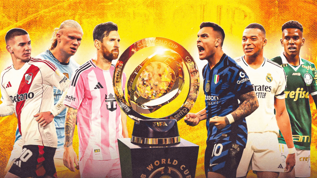 Seis jogadores que disputam o Mundial de Clubes, incluindo Messi, Estevão e Lautaro, posicionados próximos ao troféu oficial no centro do campo, representando seus clubes na cerimônia de abertura da competição.
