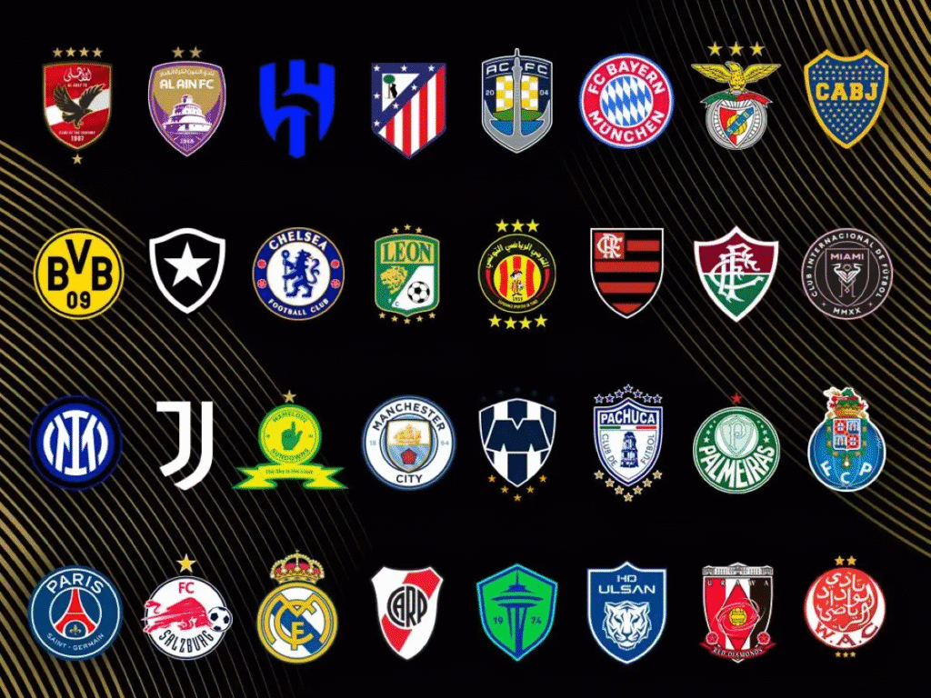 Layout oficial da FIFA exibindo os escudos dos 32 clubes participantes do Mundial de Clubes, representando as equipes classificadas para a competição.