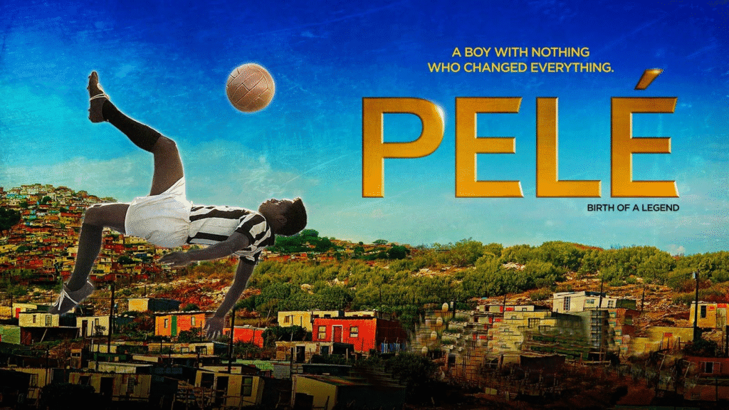 Capa do Filme Pelé, mostrando ele dando uma bicicleta com uma imagem de uma favela brasileira ao fundo