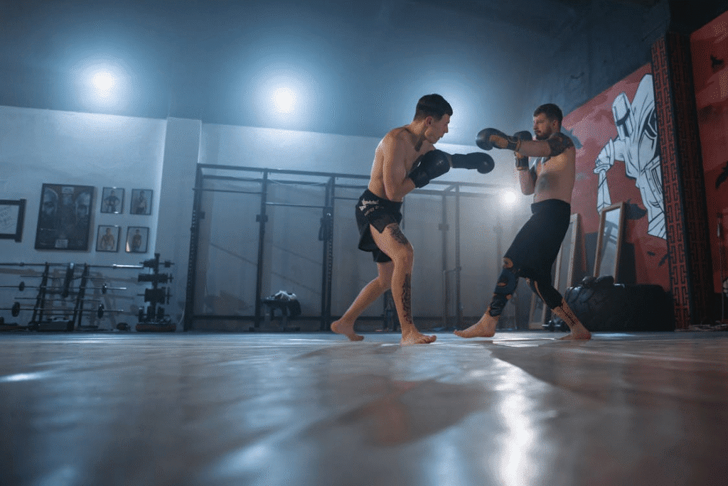 Dois atletas realizando sparring de boxe, lutadores de MMA em intensa preparação física e técnica durante treino para uma luta futura.