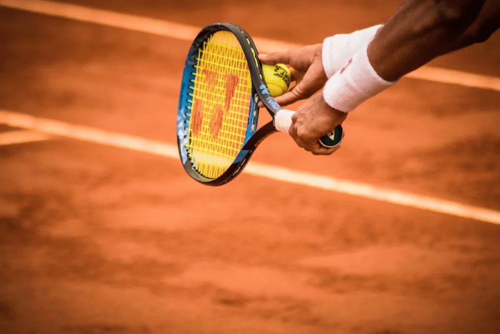 Close nas mãos de um jogador de tênis segurando a raquete e a bola, no instante anterior ao saque. O movimento prévio transmite foco, controle e concentração — simbolizando o momento mental que antecede a execução perfeita.