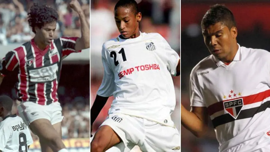 Imagem com Ray, Neymar e Casemiro em um mesmo frame, representando atletas que se destacaram na Copinha e construíram trajetórias de alto nível no futebol profissional. A foto reforça a importância da base, do desenvolvimento mental e da consistência de performance ao longo da carreira.