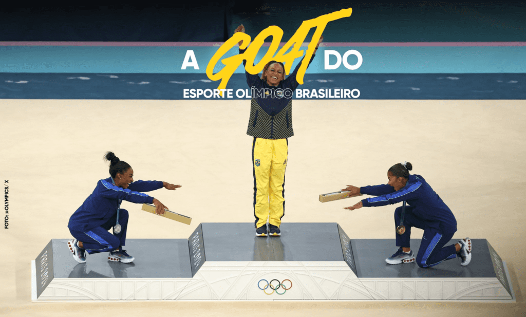 Momento histórico com Rebeca Andrade conquistando ouro olímpico em Paris, enquanto Simone Biles e outra atleta fazem reverência em reconhecimento. A imagem simboliza respeito entre lendas, superação, excelência técnica e protagonismo na ginástica artística mundial.
